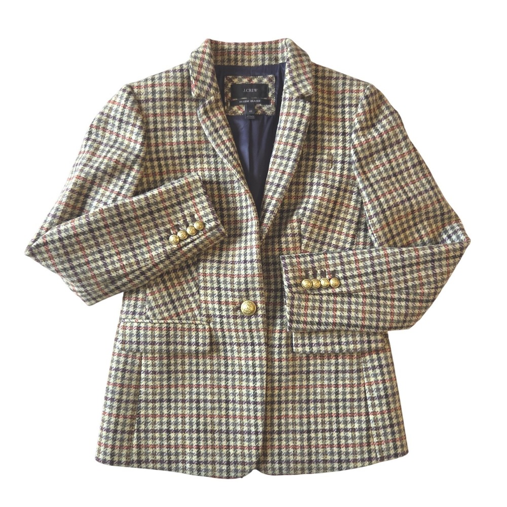 J.Crew Regent Blazer 4P Abraham Moon Wool Houndstooth Plaid Gold Buttons NWOT